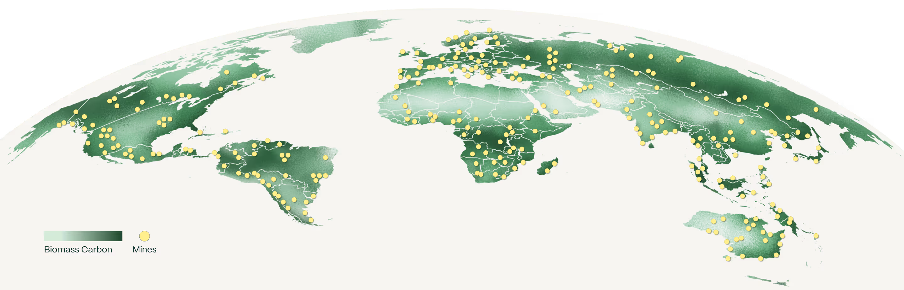 Global map showing biomass carbon density and mine locations